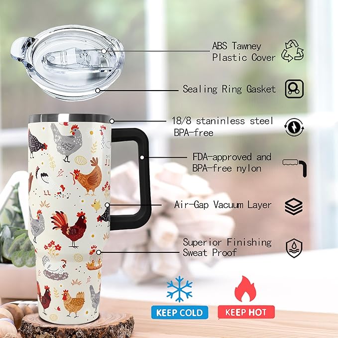 Ceovfoi 40 oz tumbler with handle,40 oz Chicken Tumbler with lid and Straw,Chicken Stainless Steel Cup Coffee Travel Mug,Chicken Gifts for Chicken Lovers,Rooster Stuff Decor Accessories