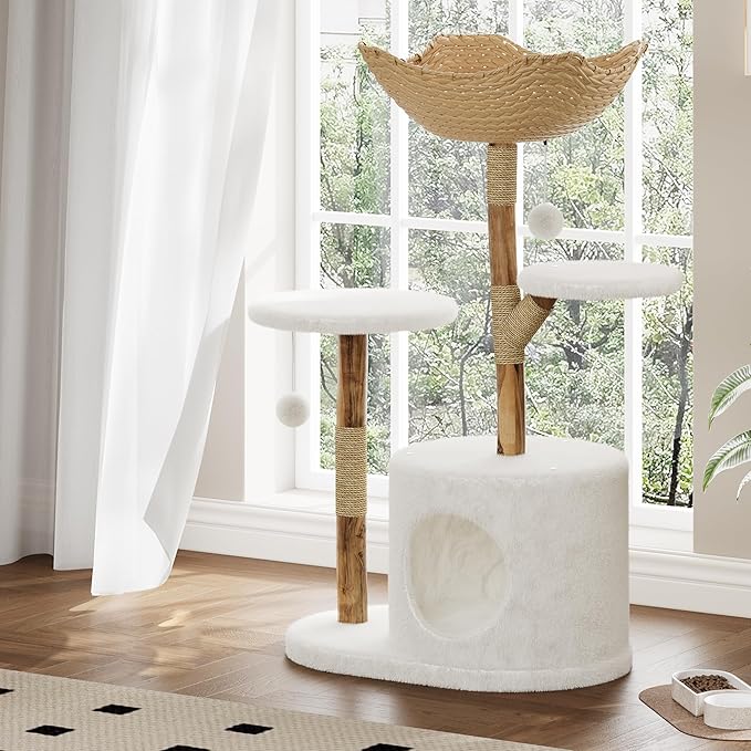 46-Inch Luxury Wooden Cat Tree Tower for Large Cats – Modern Real Branch Cat Condo with Spacious Basket, Sturdy Scratching Posts & Hanging Poms – Deluxe Indoor Cat Furniture