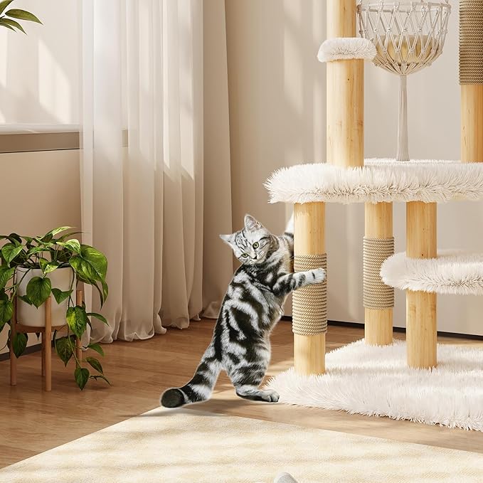 70" Modern Solid Wooden Cat Tree Tower for Large Adult Indoor Cats, Multi-Level Luxury Cat Furniture with Sisal Scratching Post & Hammock, White