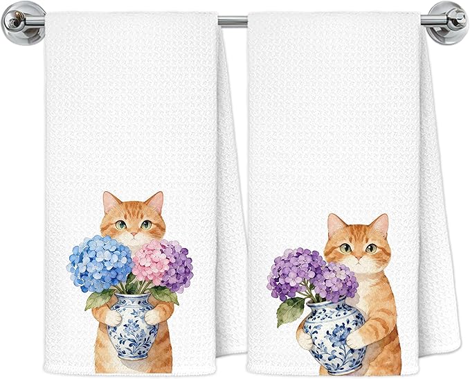 Orange Tabby Cat Hydrangea Kitchen Towels, Cat Lovers Gifts Dish Tea Towels for Kitchen Decor, Chinoiserie Porcelain Floral Kitty Decorative Hand Towel Bathroom Decor, 16x24 Inch Set of 2