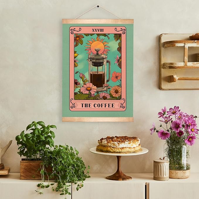 HEYJEEPER The Coffee Wall Art,Vintage Tarot Card Linen Print Posters,Green Floral Boho Kitchen Wall Hanging Decor for Cafe Bar,Dining Room, Barista Station, Gift for Coffee Lovers 14x18inch (Coffee02)
