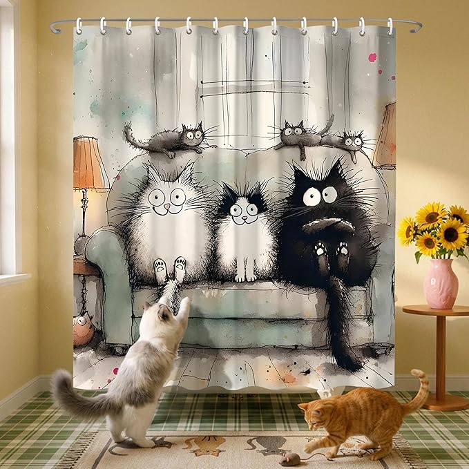 Kawaii Cartoon Cat Shower Curtains,Cute Cat Bathroom Decor for Kids Women,Funny Waterproof Polyester Bath Curtains for Home Decor,72x72 Inch