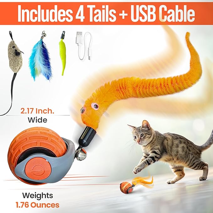 Interactive Cat Toy for Indoor Cats & Kittens – GlobalSun Speedy Tail 2.0 Motion Activated Automatic Cat Toy Ball – USB Rechargeable Moving Ball with 4 Tails Including Mouse for Enrichment