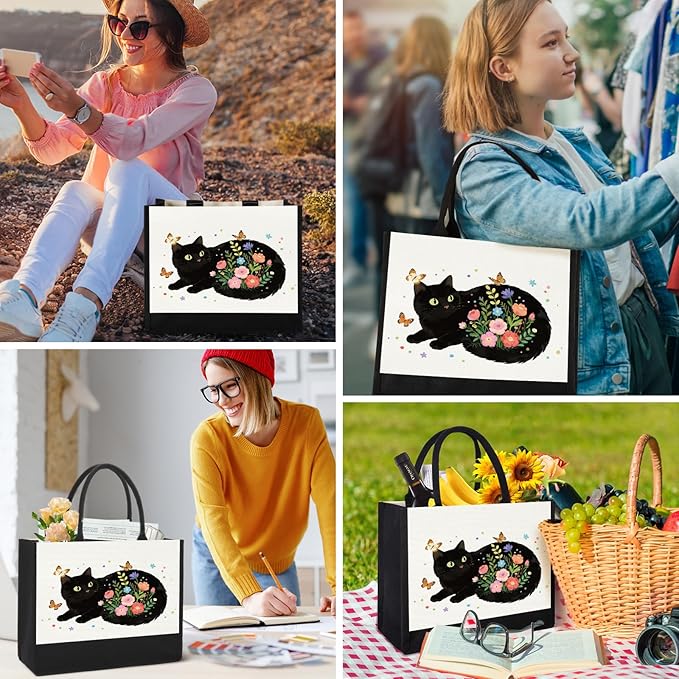 GevGuxLuo Canvas Tote Bag for Women, Cute Cat Gifts for Black Cat Lovers, Animal Lover Gift Aesthetic Cats Beach Bag Reusable Grocery Bag, Birthday Christmas Gift for Daughter Friends Sisters Bestie
