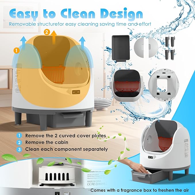 Automatic Cat Litter Box, Self Cleaning Litter Box with APP Control for Multiple Cats, Large Robot Kitty Litter Box with Safety Sensors, Odor Removal, 2 Roll Garbage Bags, 90L Open-Top Design