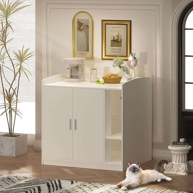 Extra Large Litter Box Enclosure with Adjustable Dog Proof Shelf - Designed for Self-Cleaning and XXL Litter Boxes (White)