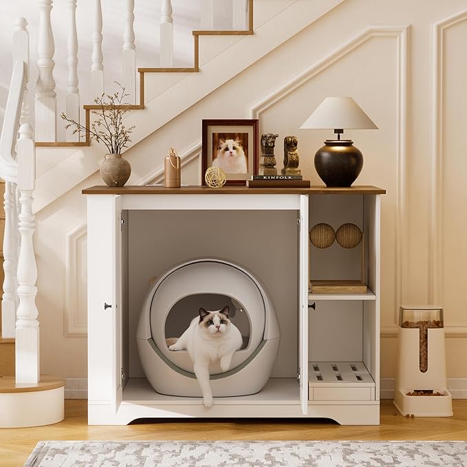KCRET Cat Litter Enclosure with Litter Collector, Furniture for Self-Cleaning Litter Box, Large Hidden Litter Box Furniture with Charging Station Wooden Cat House