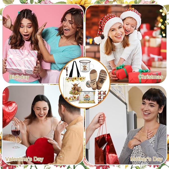 Highland Cow Lover Gifts for Women Birthday Gifts Baskets Set Include Canvas Tote Bag, Makeup Bag, Socks, Keychain, Enamel Mug, Small Figurines for Mom, Wife, Sister, Friend