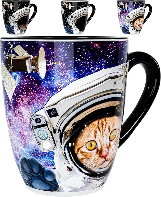 Color Changing Astronaut Cat Coffee Mug 15oz – Heat Sensitive Space Cup with Galaxy Reveal – Funny Novelty Gift, Magic Mug, Unique Cosmic Collectible and gift for Cat Lovers, Christmas & Birthday