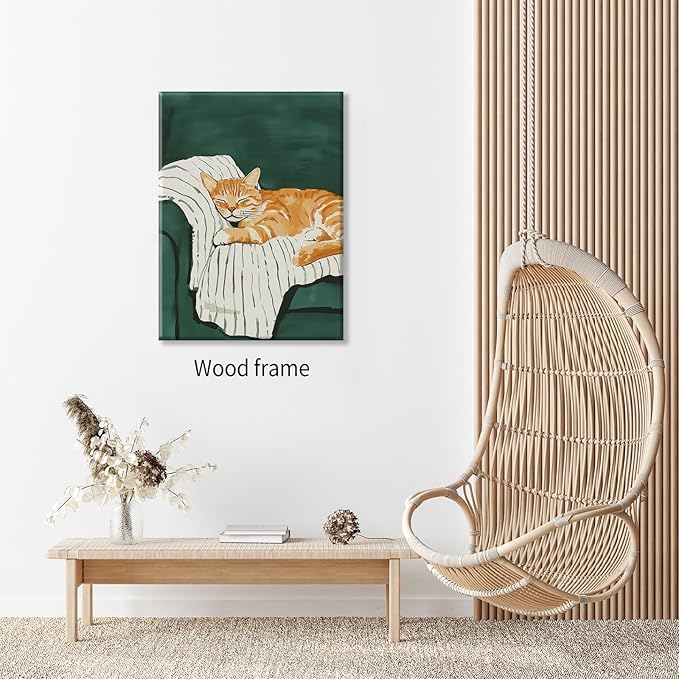 Sleeping Orange Cat poster Green Aesthetic Wall Art Preppy Funky Cute Animal Canvas Painting Gift For Cat Lover 08x10 inch Framed for Cozy Room Wall Decor