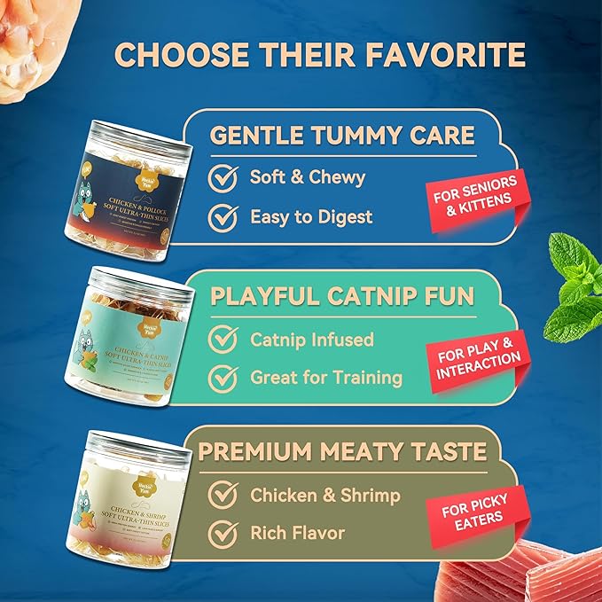 Soft Cat Treats, Chicken & Pollock Ultra-Thin Slices for Kitten & Senior, Easy to Chew & Sensitive Teeth Friendly, Grain-Free & Gentle on Digestion Cat Snacks, 3.2 oz