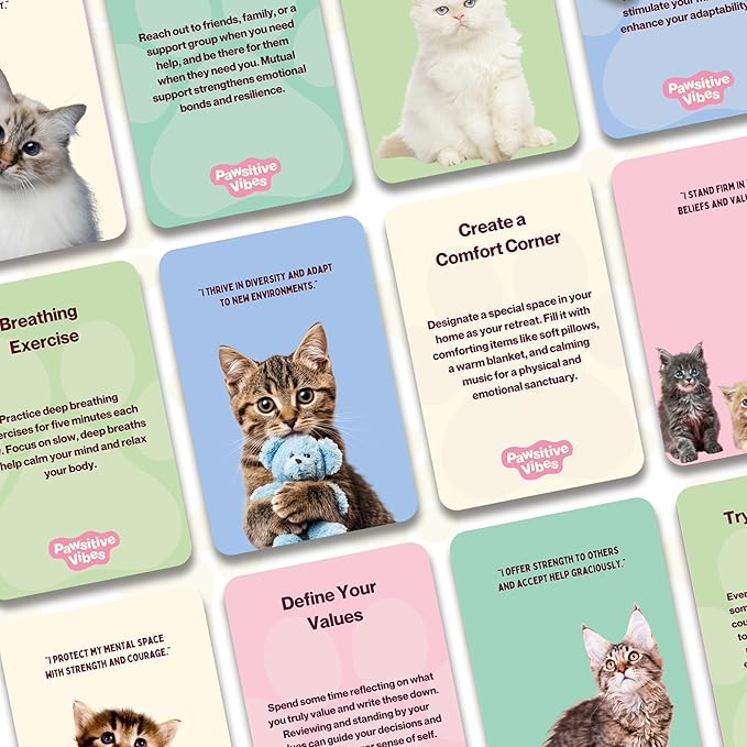 Positive Affirmation Cards for Stress & Anxiety Relief with Proven Self Care Techniques for Cat Lovers | Cat Mom Gifts for Women for Motivation & Relaxation for Birthday, Mothers Day | Cats Presents