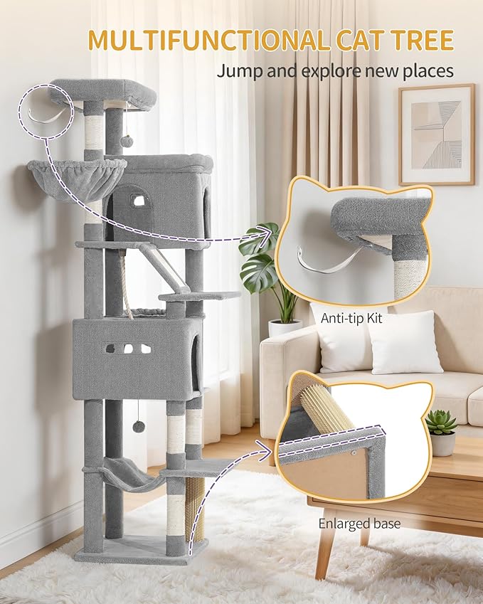 Hzuaneri Large Sturdy Cat Tree Tower, 75 Inch Tall Pet Condo For 7 Large Cats, Cat Tree Indoor Climbing Activity Tower, 2 Large Platform/2 Cave/2 Hanging Basket/5 Scratching Post, Light Grey MS19018LG