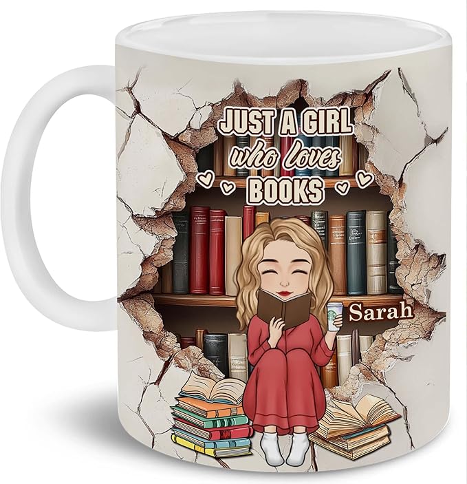 Personalized Book Lover Gifts - Book Lovers Gift For Bookworm, Readers, Librarians, Bookish - Bookshelves Hole In A Wall Mug Custom Avatar - Bookish Gift For Friends, Women, Her
