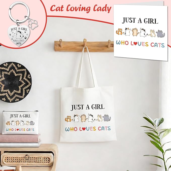 Cat Gifts Women Girls Presents - 5 Pcs Presents for Cat Lovers Including Cute Canvas Tote Bag, Makeup Bag, Card and Keyring for people who love cats Mum Auntie Wife Sisters Friends Teacher