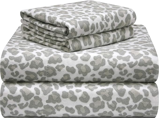 Pointehaven - 180PHKGSSLP 180 GSM Velvet Feel Luxury Cotton Printed Flannel Sheet Set, King, Leopard
