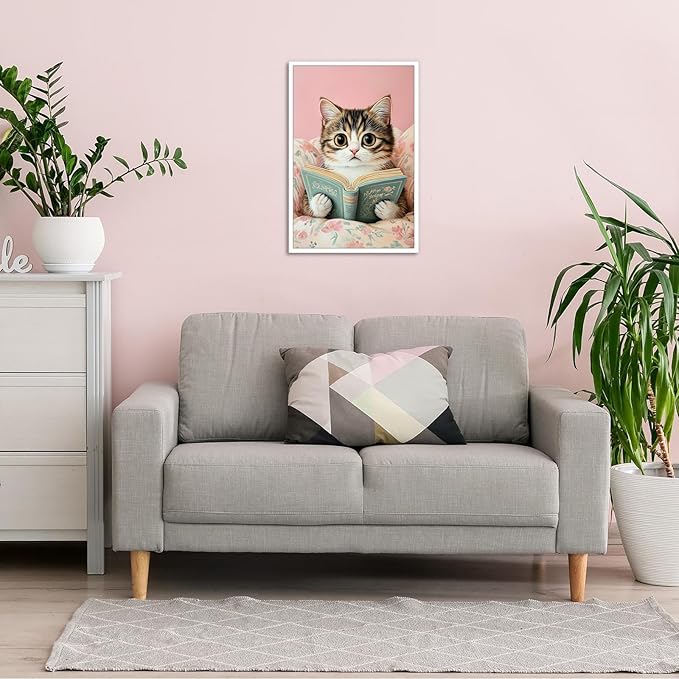 Funky Cute Cats Reading Books Canvas Wall Art Funny Pet Cat Animal Poster Trendy Pink Flower Wall Decor Cat Lovers Prints Painting For Home Bedroom Kids Room Dorm Wall Decor 16x24in Unframed