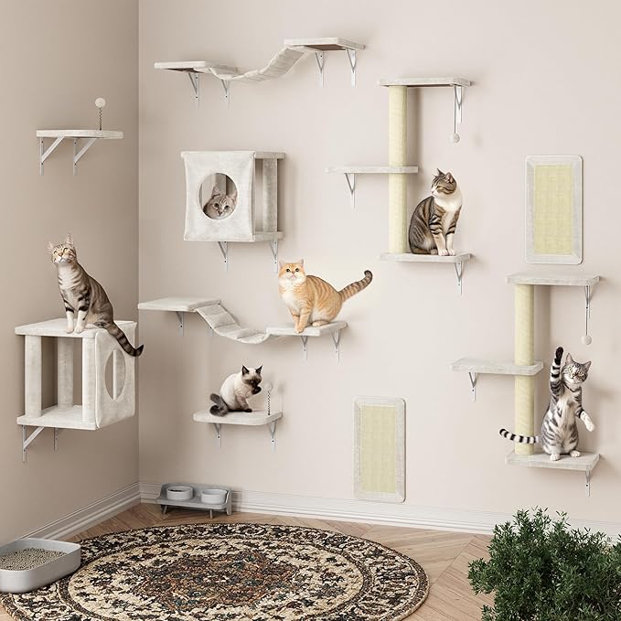 10 Pcs Cat Wall Shelves Set, Wall-Mounted Climber with Cat House, Scratching Post, Bridge, Hammock, Space-Saving Play Furniture, Beige