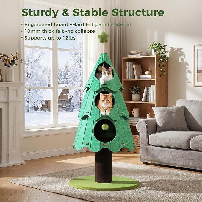 MUTTROS 53 Inch Christmas Cat Tree for Indoor Cats, Cat Tower with 3 Condos & 4 Pompoms, Multi-Cat Furniture with Holiday Felt Stickers, Activity Center & Beds, Green