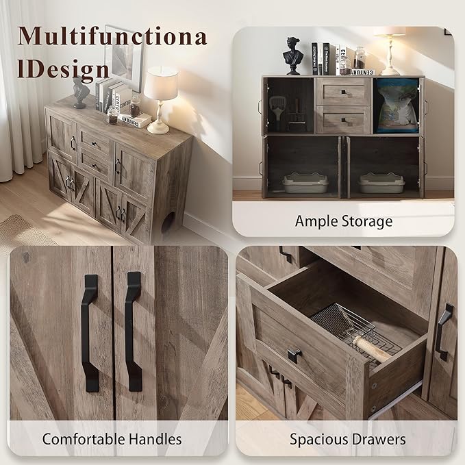 Spacious Wooden Double Cat Litter Cabinet with Drawers for Two Cats, Indoor Dog-Proof Cat House with Dual Compartments, 47.6 Inch Modern Privacy Litter Box Furniture (Grey)