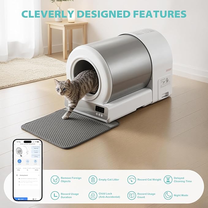 Stainless Steel Self-Cleaning Cat Litter Box, Smart APP Control Automatic Litter Box with Safety Sensors, Odor Control, Low-Entry, Large Capacity Design for Multiple Cats (White)