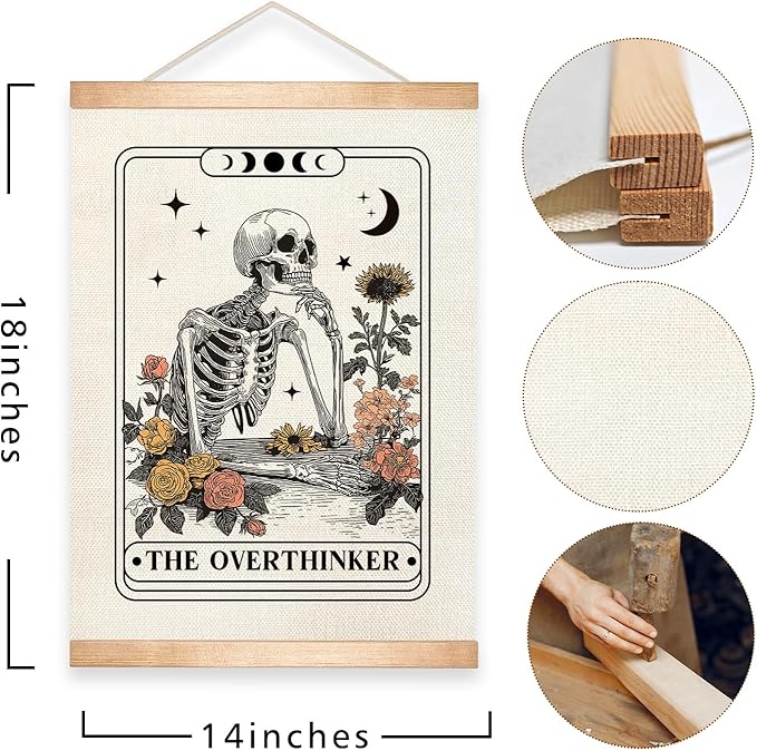 HEYJEEPER The Overthinker Tarot Card Wall Art,Skeleton and Floral for Witch Room Decor,Humorous Wall Hanging Linen Print Poster for Bedroom,Library, Study room 14x18inch(The Overthinker)