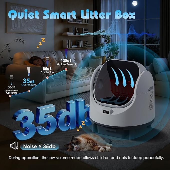Automatic Cat Litter Box, Self Cleaning Litter Box with APP Control for Multiple Cats, Large Robot Kitty Litter Box with Safety Sensors, Odor Removal, 2 Roll Garbage Bags, 90L Open-Top Design