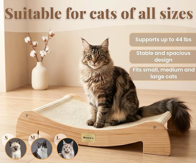 Mookie’s 26.5”x16.7” Extra Large Cat Scratcher Bed | Wooden Cat Couch with Natural Sisal | Cat Lounge Scratching Pad for Large Indoor Cats | Durable Horizontal Scratcher Furniture for Cats