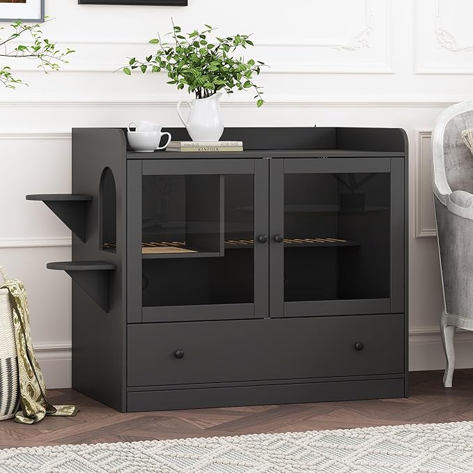 Extra Large Cat Litter Box Enclosure Furniture Hidden, Cat Condo Cabinet Pet House with Stairs for 2, Nightstand Side Table witha Large Drawer for Living Room, Black