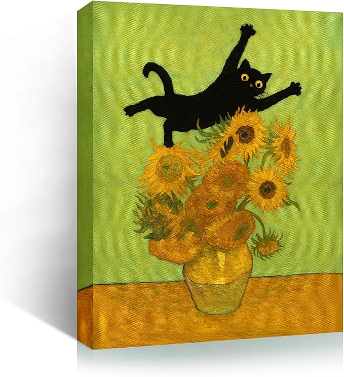 Madewell Living Van Gogh-Style Cat Art - Funny Black Cat in Sunflowers Print, Wall Art (8x10 inch) - Ready to Hang, Waterproof Living Room & Bedroom Decor