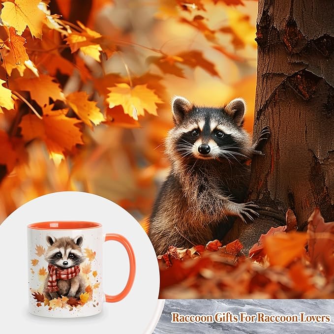 Hyturtle Fall Raccoon Coffee Mug - Birthday Gifts For Raccoon Lovers - Fall Autumn Decor For Farmhouse Thanksgiving - Raccoon Gifts For Women - 11oz Two Tone Orange/White Ceramic Coffee Tea Mug Cup