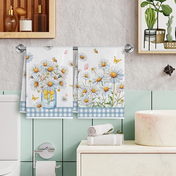 Hexagram Daisy Kitchen Towels Set of 2, Daisy Decor Gifts for Women, Funny Cute Housewarming Dish Hand Towels for Home Kitchen Decor