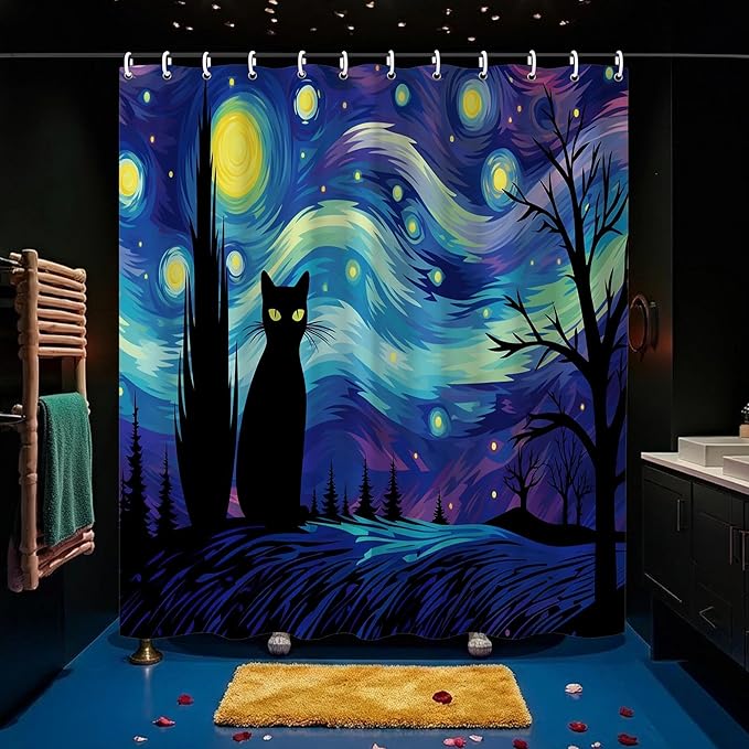 The Starry Night Shower Curtain Wall Decor,Funny Black Cat Shower Curtains for Bathroom,Cats Lovers Gifts,Aesthetic Waterproof Polyester Bath Art Decorative,72x72 in