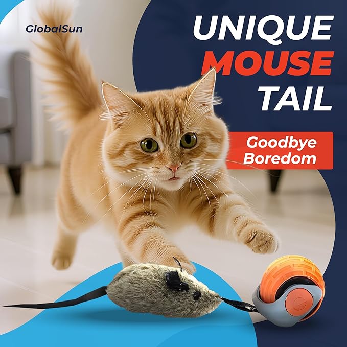 Interactive Cat Toy for Indoor Cats & Kittens – GlobalSun Speedy Tail 2.0 Motion Activated Automatic Cat Toy Ball – USB Rechargeable Moving Ball with 4 Tails Including Mouse for Enrichment