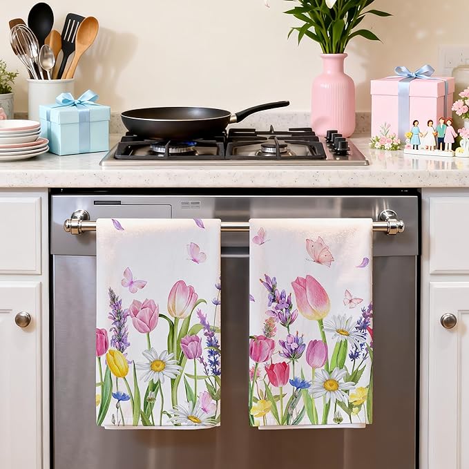 Hexagram Spring Kitchen Towels Sets of 2,Colorful Flower Hand Towels for Bathroom 18x28 Inch, Spring Farmhouse Home Decorations