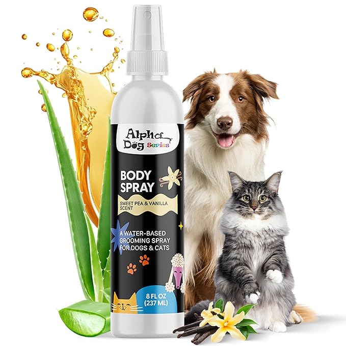 Alpha Dog Series Grooming Body Spray for Dogs & Cats – Long-Lasting Fragrance Deodorizing Mist with Aloe, Odor Eliminator, Alcohol-Free & Non-Toxic Pet Cologne - 8 fl. oz. (Sweet Pea & Vanilla)