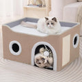 Loyareal Cat Houses for Indoor Cats - Large Cat Bed Cave with Scratch Pad and Fluffy Ball, Foldable Cat Condo Hideaway with Reversible Cushion for Multi Small Pet, Khaki