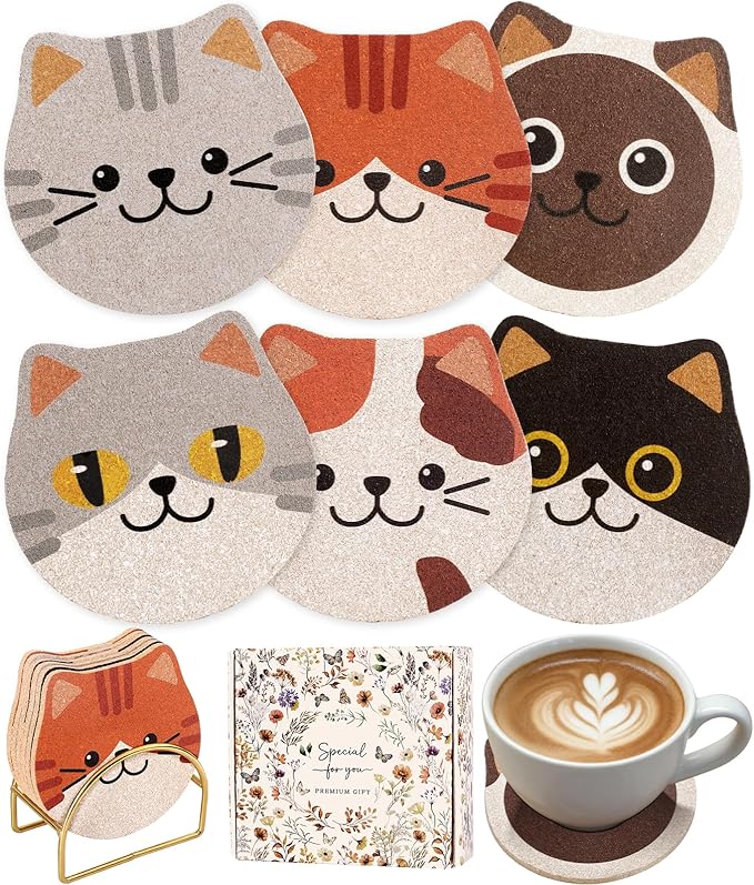 Oqplog Cat Drink Coasters for Cat Lovers Gifts Desk Coffee Table Set of 6-Funny Cork Cup Holder Coaster for Office Home Office Cute Decor Accessories for Women Family