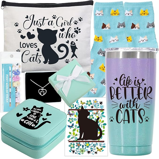 Cat Lover Gifts for Women, Mom Gifts Cat Themed Gift Basket Birthday Teacher Appreciation Valentine's Day Mother's Day Cat Lovers With 20 OZ Tumbler