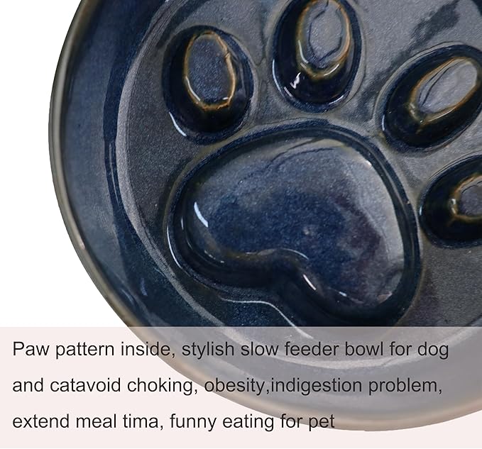 Ceramic Slow Feeder Bowl, 6.69 x 5.7 inches, Elevated Design with Paw Pattern, for Cats and Small Dogs (Dark Blue)