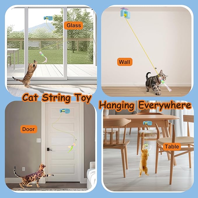 Automatic Hanging Cat Toy for Indoor Cats, Electric Doorway Cat Teaser with Motion Sensor, Quiet Motor & Retractable Rope, Includes 3 Replaceable Feather Attachments, USB Rechargeable, Blue