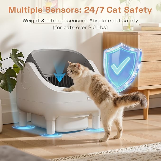 WARCAT Litter Box – Electric Automatic Self-Cleaning, Open-Top Design, Smart APP Control, 15L Large Waste Bin, Easy Odor Control, Includes Trash Bags & Mat (Grey)