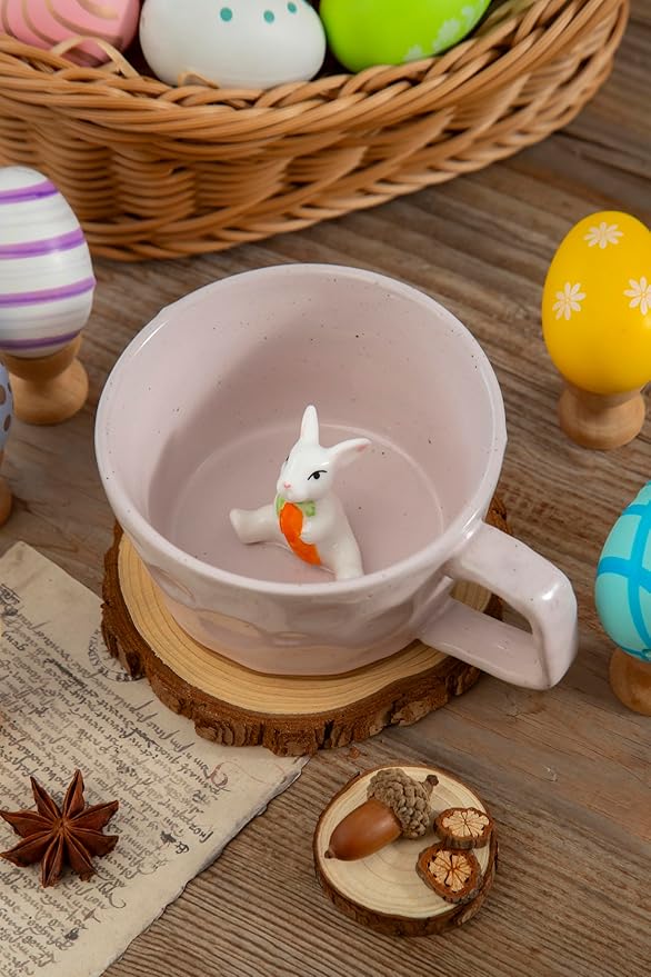 DIHOclub Farmhouse Ceramic Coffee Mug with Rabbit Figurine – Rustic Stoneware Cup, Matte Finish, Ideal for Breakfast & Home Decor (Pink Rabbit)