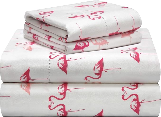 Pointehaven 180 GSM Velvet Feel Luxury 100% Cotton Printed Flannel Sheet Set, Full, Flamingos - Warm & Cozy - Pre-Shrunk -Deep Pockets - Elastic All Around-Comfy Double Brushed -