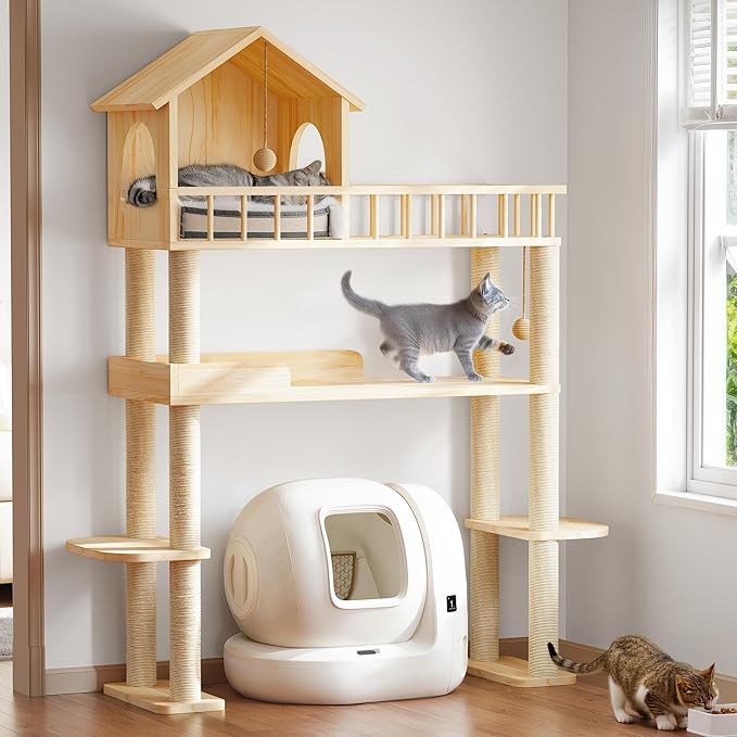 Wood Cat Tower for Automatic Litter Box, 60.2" H Tall Cat Tree for Self Cleaning Litter Box, Multi-Level Solid Wood Cat Tree Tower Cat Furniture w/Scratching Post, House, Burlywood