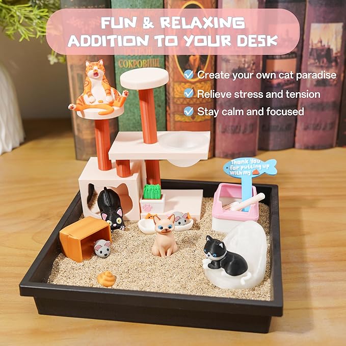 Tian Zhun Cat Lover Gifts for Women Adults Cat Mom Gifts Mini Zen Garden for Desk Cats Themed Gift Sand Tray Therapy Kit Sand Included
