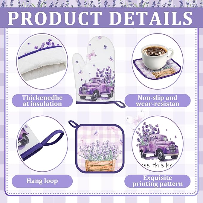 10 Pcs Farmhouse Lavender Kitchen Decor and Accessories Set 4 Kitchen Towels 2 Pot Holders 2 Oven Mitts 2 Rugs for Cooking Baking Mom Housewarming Gifts(Purple,Lavender)