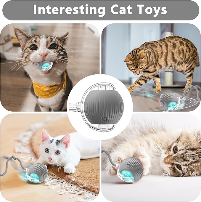 Interactive Cat Ball Toys,Indoor Moving Cat Toys, Automatic Rolling Toy with Cord, Interesting Rotating Ball Toy for Dogs and Cats (Gray)