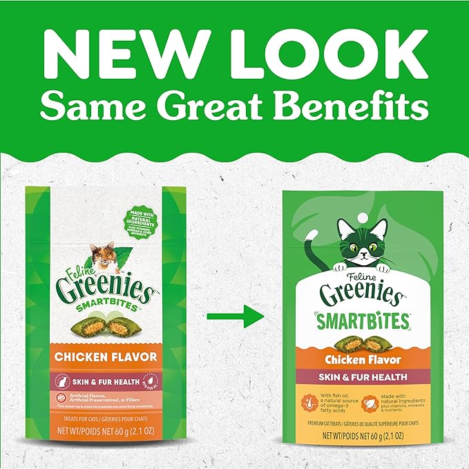 Greenies Cat Treats, Feline Smartbites, Skin & Fur Health, Crunchy and Soft Cat Treats, Chicken Flavor, 2.1 oz. Pack