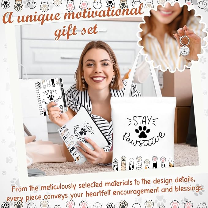 Talltalk 5pcs Valentines Positive Gift for Cat Lover Pawsitive Tote Bag Paw Print Makeup Bag Stainless Steel Keychain Motivational Quote Notebook Pen Pawsitive Pet Themed Gift for Women